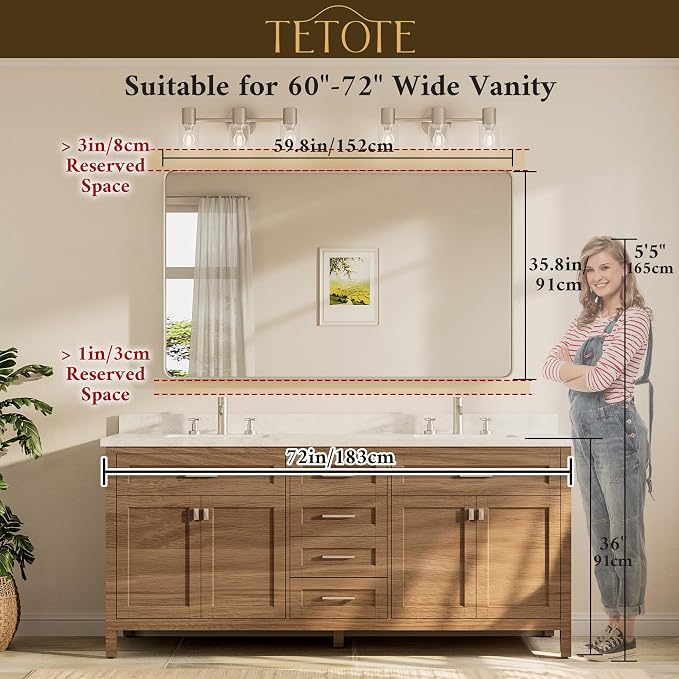 TETOTE 60 x 36 Inch Brushed Nickel Bathroom Mirror for Vanity Metal Framed Mirror Modern Farmhouse for Living Room Entryway(Horizontal/Vertical)