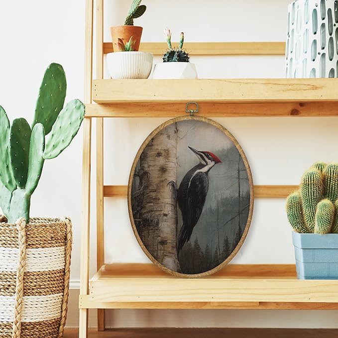 CGBHW Vintage Woodpeckers Bird Oval Wall Art Decor, Rustic Farmhouse Bird Canvas Prints Framed, Moody Forest Woodpeckers Wall Art Hanging Decor for Home Bedroom Living Room, 8.6x11.4 Inch
