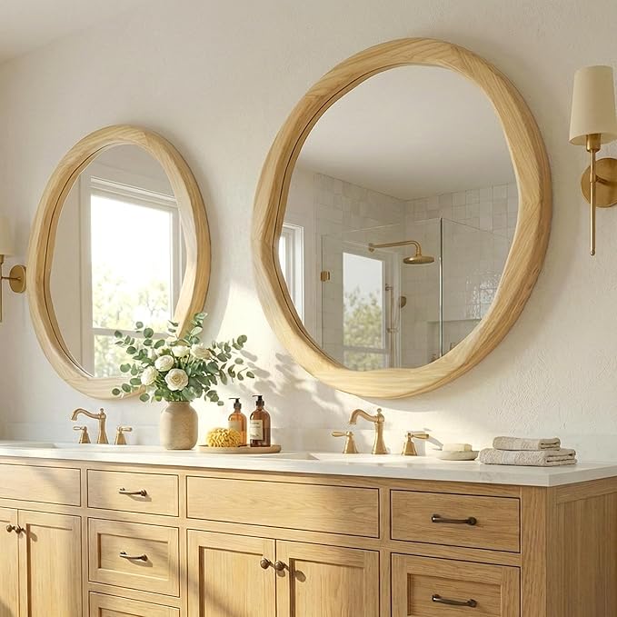 Round Wood Mirror 30 Inch, Large Asymmetrical Wavy Frame Wall Mirror for Entryway, Living Room, Solid Wood Irregular Circle Art Decor