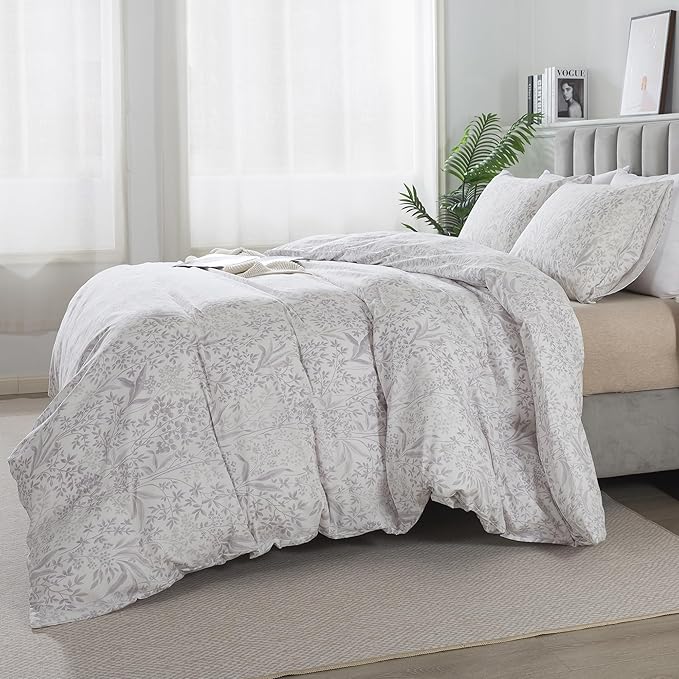 HoneiLife Cotton Duvet Cover Queen - Floral Comforter Cover 3-PC, Soft & Breathable Flower Bedding Duvet Cover Sets with Zipper Closure & Corner Ties, Wildflower Comforter Cover Sets, Plain Life