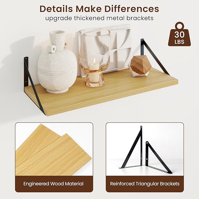Axeman Deep Floating Shelves | 24 Inch Oak Wall Shelves Set of 2 | 10 Inch Deep Wood Floating Shelves for Wall | 24" W x 10" D Oak Shelves for Living Room Bathroom Kitchen