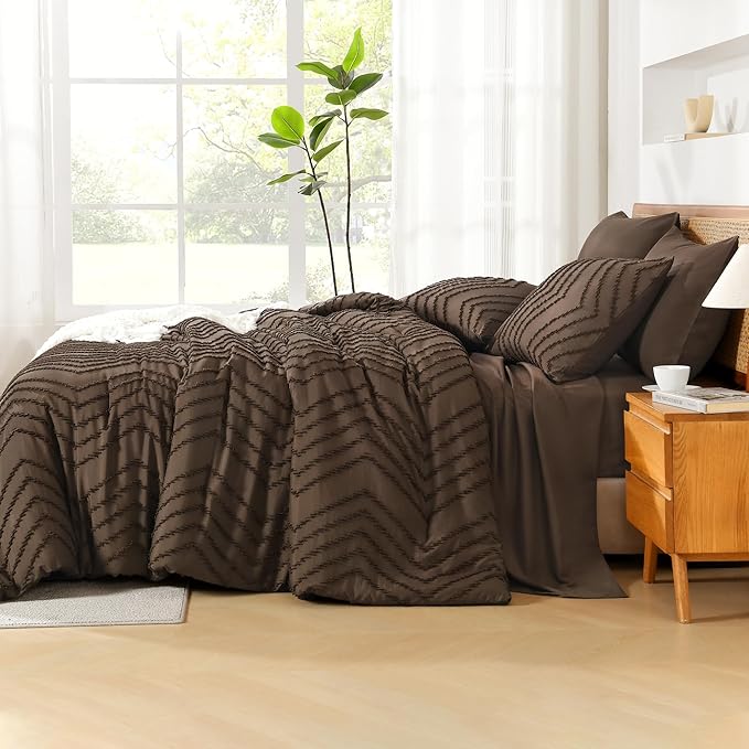 Litanika Super King Size Comforter Set with Sheets Brown - 7 Pieces Bed in a Bag Oversized King Boho Tufted Complete Bedding Sets with Comforter, Sheets, Pillowcases & Shams