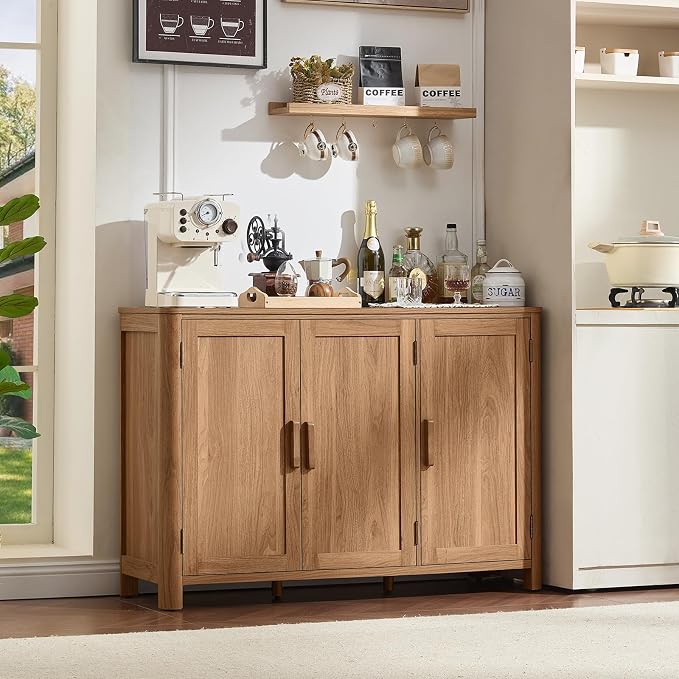 Joaxswe Sideboard Buffet Cabinet with Storage, 46" Arc-Shaped Credenza with 3 Doors & Adjustable Shelves, Mid Century Modern Coffee Bar Storage Cabinet for Kitchen, Living Room, Entryway,Darkwood