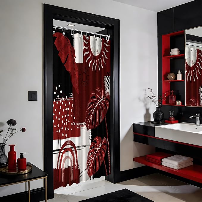 Small Stall Narrow Shower Curtain Black and Red Stand Up Burgundy Abstract Monstera Shower Curtains for Rv Camper Bathroom Decor Sets, Waterproof Cloth Fabric with Hooks, 36 x 72 Inch