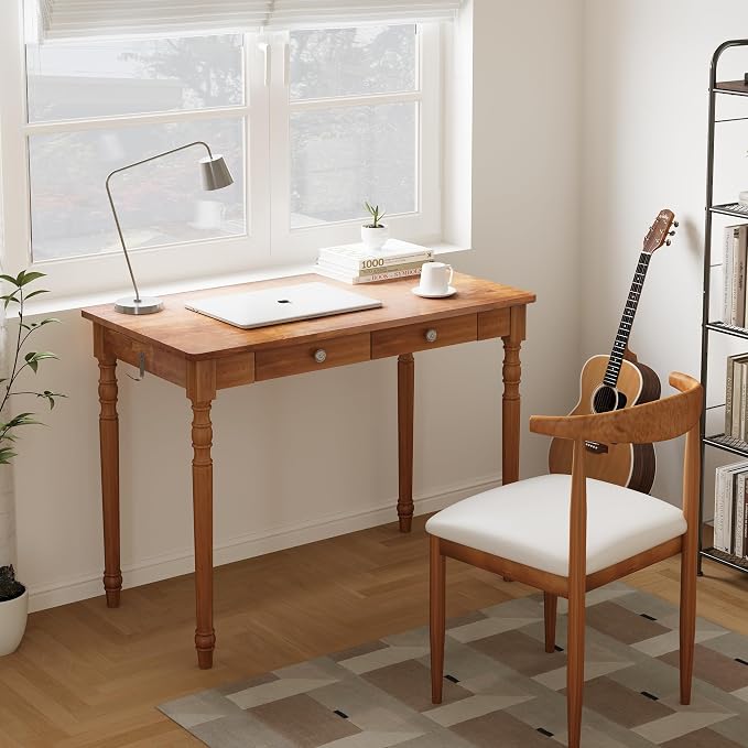40 Inch Mid Century Modern Desk - Rubber Wood Desk with Drawers, Writing Desks with Drawers, Mid Century Desks for Bedroom, Living Room & Office, Walnut Color