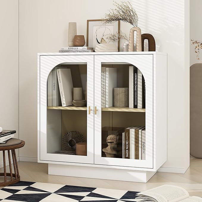 Sideboard Buffet Cabinet with Storage - Accent Storage Cabinet Modern Furniture, 2 Door Glass Cabinet with Adjustable Shelf, Wood Credenza for Living Room, Entryway, Dining Room, Kitchen(White)