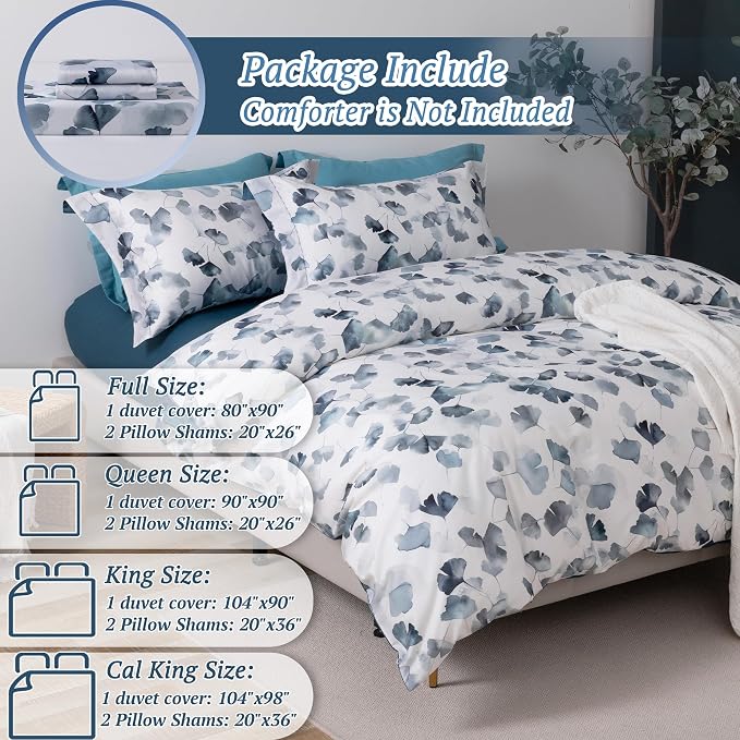 MILDLY Floral Duvet Cover Set - 100% Long-Staple Cotton Navy Ginkgo Leaf Pattern Printed Comforter Cover 3pcs Soft Breathable Luxury Bedding for All Season