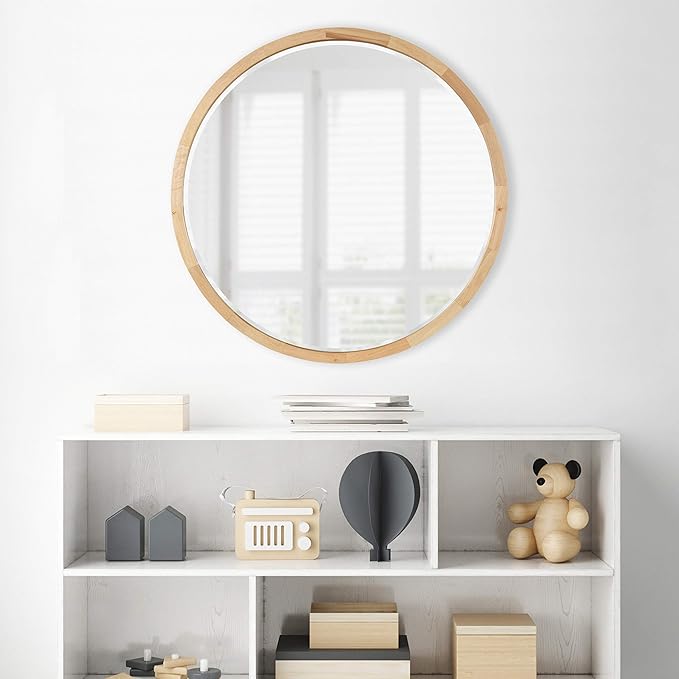 Kate and Laurel McLean Mid-Century Wood Framed Wall Mirror, 24 inch Diameter, Natural, Decorative Modern Round Mirror
