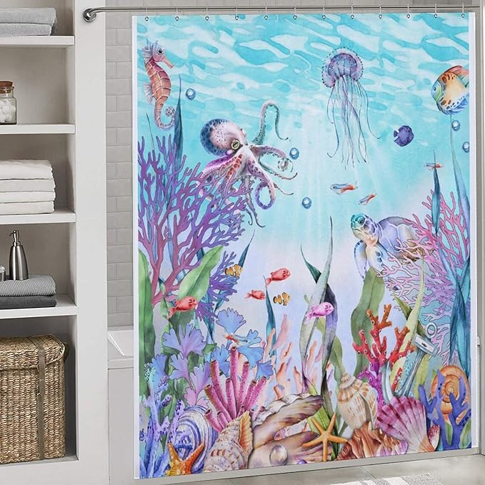 Nautical Coastal Shower Curtain,Ocean Themed Coral Seashell Beach Starfish Seahorse Summer Blue Underwater Animal Polyester Fabric Bathroom Decor Set with Hooks,72x78Inch