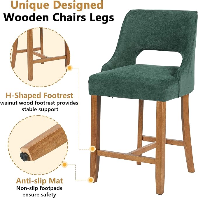 ClinQ Bar Stools Set of 1, 26" H Counter Height Bar Stools with Backs, Modern Upholstered Accent Barstools with H-Shaped Footrest for Kitchen Island, Dining Room and Bar, Green-Walnut Legs