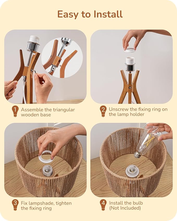 EDISHINE 17.5" Rattan Table Lamp, Wood Bedside Lamp with Handmade Paper Rope Woven Lampshade, Nightstand Lamp for Living Room, Bedroom, E26 Base, ON-Off Switch