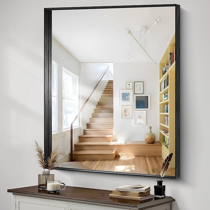 CIRCUMI Black Bathroom Mirror, 40"x48" Rectangular Mirror with Deep Metal Frame, Brushed Finish, Tempered Glass, Large Mirror for Wall, Over 2 Sinks, Installed Vertically/Horizontally, Crystal-Clear