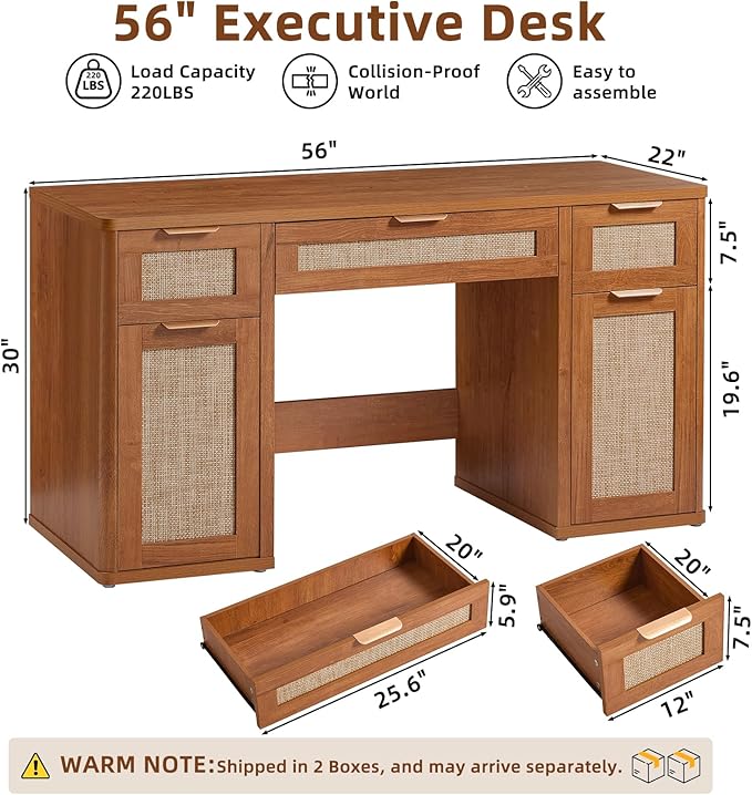LEYAOYAO 56'' Rattan Farmhouse Executive Desk with Drawers, Wood Home Office Desk with File Cabinet and Metal Handles, Large Vintage Computer Desk for Home, Bedroom, Living Room （Brown）