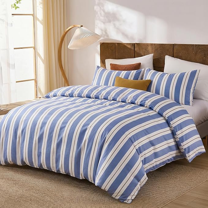 Merryword Blue and White Striped Duvet Cover Set King Size 100% Cotton Bedding Set with Modern Coastal Style Soft Breathable Linen Like Bedding Set 3 Pieces