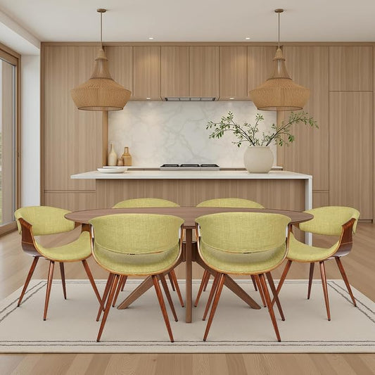 Armen Living Butterfly Mid-Century Dining Chair in Walnut Finish and Green Fabric - Set of 6