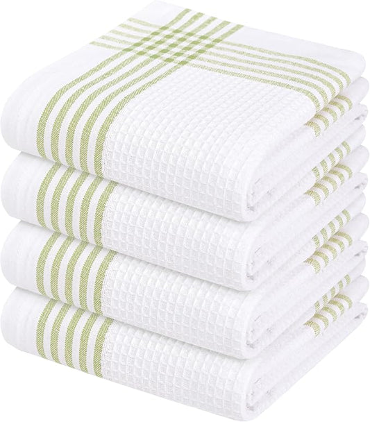 Waffle White & Lemon Green 4 Pack Kitchen Towels, 100% Cotton, 16x26 inches, Everyday Use Dish Cloths Set, Durable and Absorbent Hand Towel, Ideal for Drying Dishes, DIY Embroidery