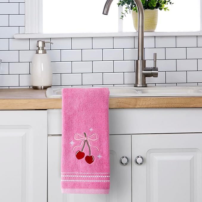 SKL Home Valentine's Day Cherry Hearts 100% Cotton Embroidered 2pc Hand Towel Set, Decorative for Bath/Kitchen/Bar & Gift, Pink