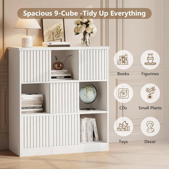 Einhomn Cube Storage Organizer with Sliding Doors, Wooden Bookshelf Storage Cabinet, 9 Cube Bookcase Organizer for Living Room Bedroom Office, White