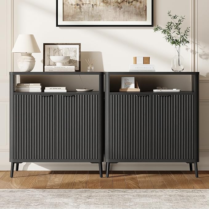 Buffet Sideboard Cabinet with Storage Set of 2, Fluted Coffee Bar with 2 Doors and Adjustable Shelves, 34'' Modern Wood Cabinet for Dinning Room, Kitchen, Living Room,Coffee Bar(Black Grey)