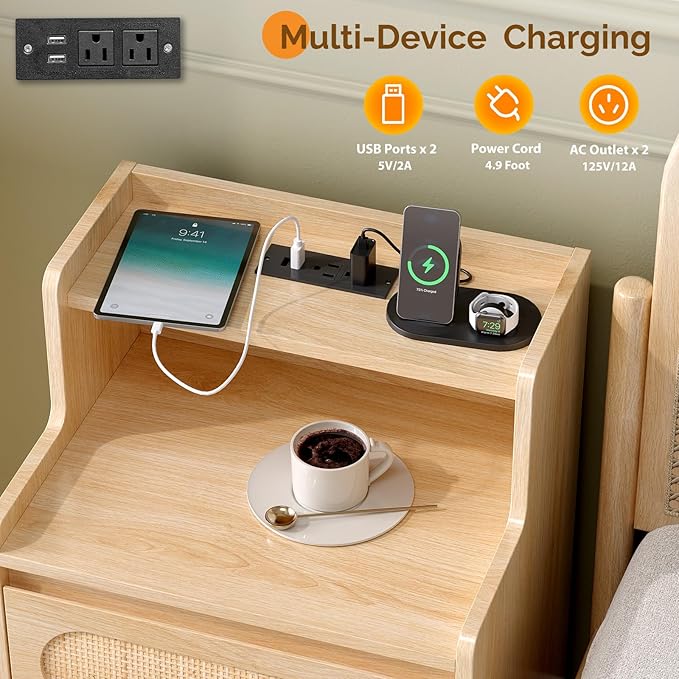 VINGLI Rattan Nightstand with Charging Station, Boho Nightstand with Drawers and Shelves, Wood Night Stand Bedroom, Real Rattan Bed Side Table/End Table，17.72" W*13.86" D*25.6" H