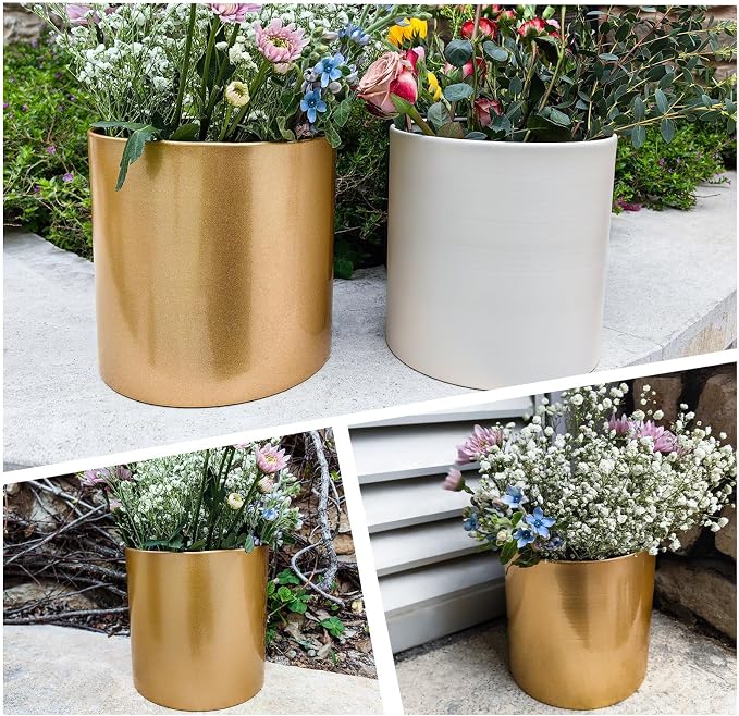 Gold Metal Plant Pot with Drainage Hole,7 Inch Mid Century Modern Small Pot Indoor Outdoor Planters for Succulents, Flowers & Home Decor Gift Window Living Room Bedroom