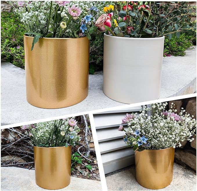 Beige Metal Plant Pot with Drainage Hole,7 Inch Mid Century Modern Small Pot Indoor Outdoor Planters for Succulents, Flowers & Home Decor Gift Window Living Room