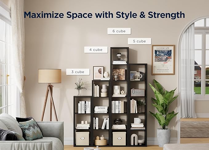 6 Cube Storage Organizer Single Row, Cube Shelf with Heavy-Duty Thick Boards, 13.31" L x 9.37" W x 72.36" H, Smooth Easy-Clean Panels, Simple Assembly, for Living Room Bedroom Office, Black