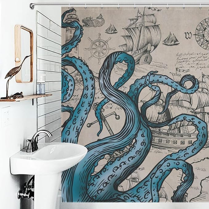Nautical Octopus Shower Curtain,Funny Monster Ocean Kraken Pirate Ship Sailboat Retro Nautical Map Pattern Rural Bathroom Curtain Waterproof Fabric Machine Washable with Hook,72x84Inch