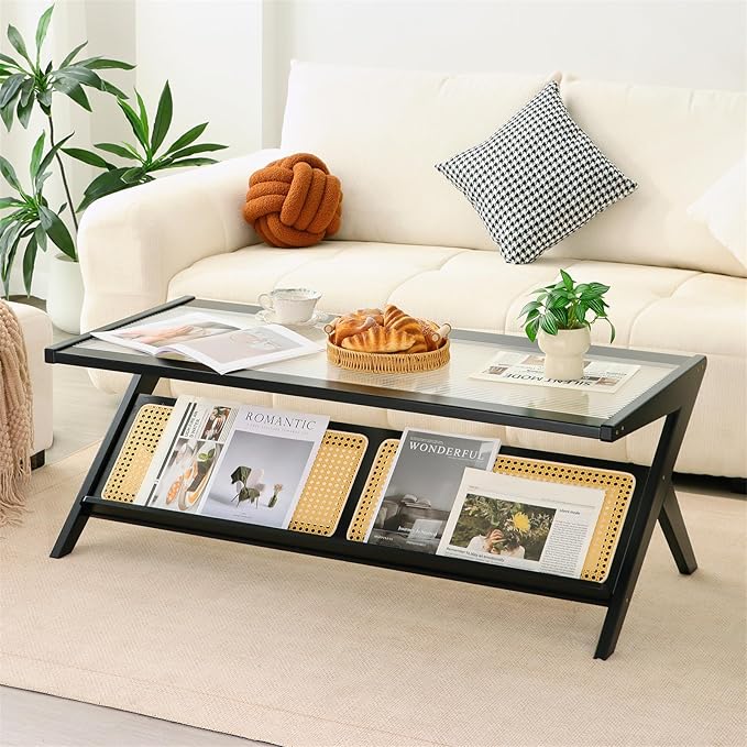 Bamboo Coffee Table, Accent Rattan Coffee Table with Glass Top, Mid-Century Wooden Center Tables, Modern Sofa Side Tea Tables with Storage for Living Room, Black