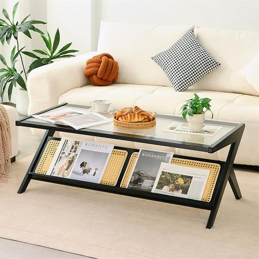 Bamboo Coffee Table, Accent Rattan Coffee Table with Glass Top, Mid-Century Wooden Center Tables, Modern Sofa Side Tea Tables with Storage for Living Room, Black