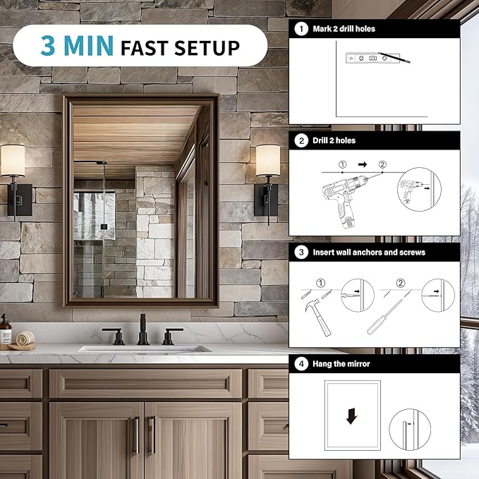 Retro Copper Effect Framed Wall Mirror, 36x36 Rectangle Mirror, Anti-desilvering Tempered Glass, Sustainable&Sturdy Frame, Anti-Rust, HD Reflection &3min Fast Setup for Bathroom Living Room