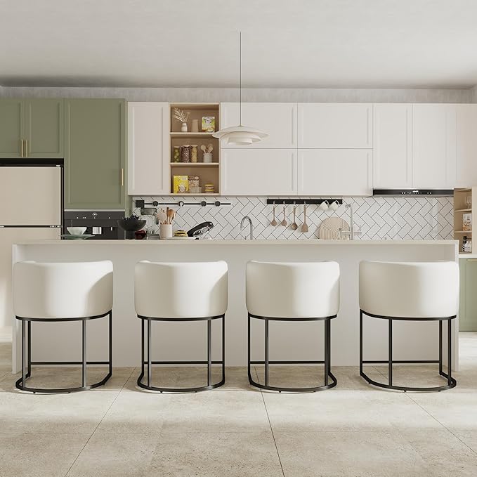 PU Leather Bar Stools, Modern Upholstered Counter Height Bar stools 24" Leather Barstools Barrel Kitchen Counter Island Stools with Black Metal Base, White