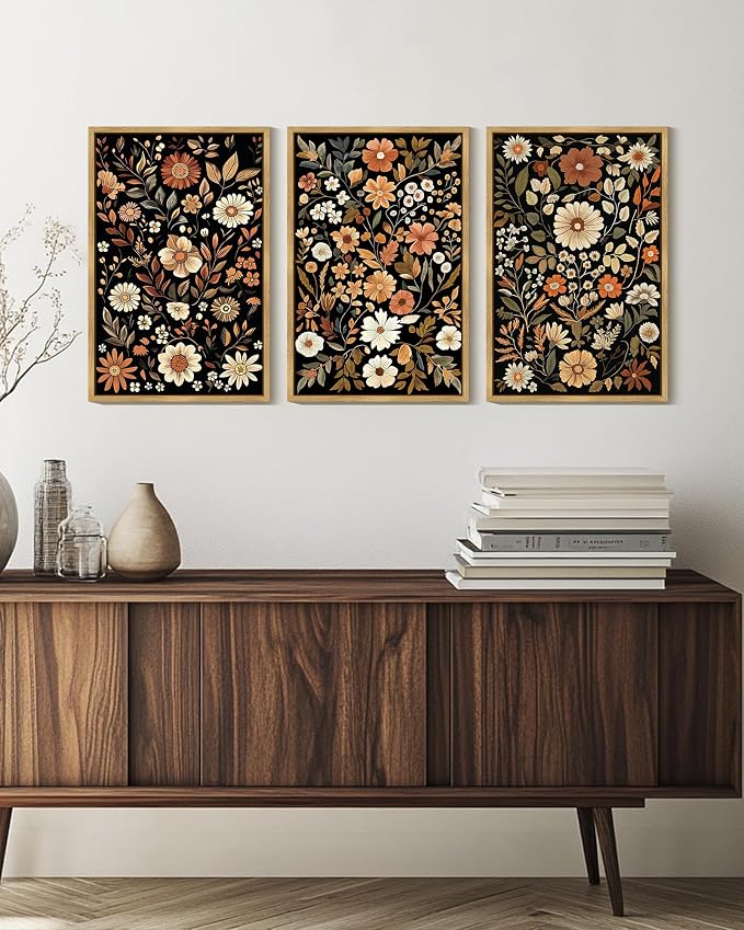 KUVIOKE Orange Vintage Flower Framed Wall Art Boho Floral Wall Decor Retro Wildflower Modern Art Prints for Living Room Bedroom 16x24in (Natural Framed)