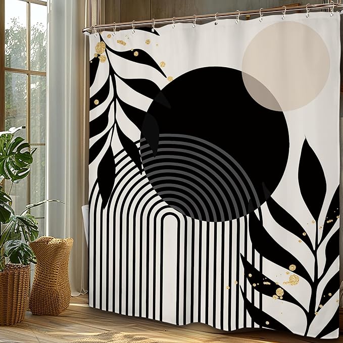 Miyotaa Abstract Black Geometric Shower Curtain Set 60Wx71H Inches Minimalist Aesthetic Modern Simple Contemporary Plant Leaves Neutral Waterproof Bathroom Curtain with 12 Hooks