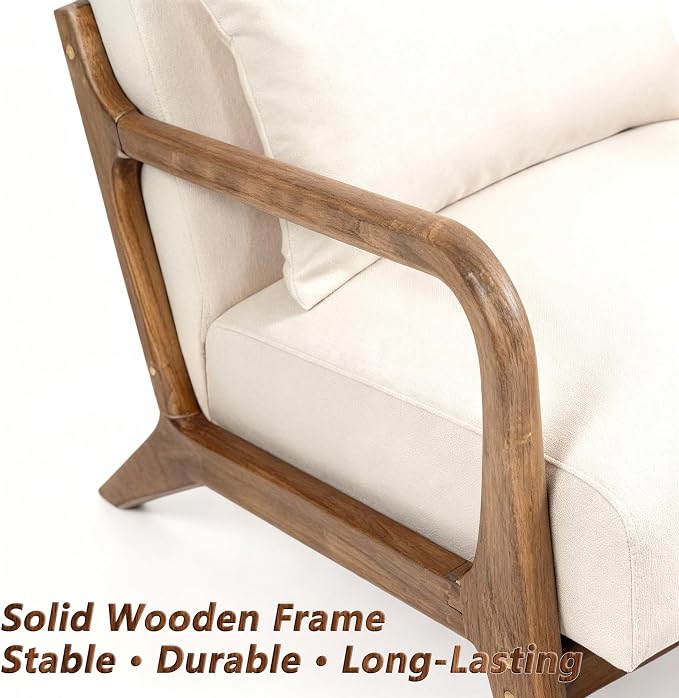 Modern Accent Chair with Wooden Frame & Linen Fabric, Mid Century Modern Chair with Lumbar Pillow, Cozy Accent Chair for Living Room, Bedroom, Reading Nook or Small Spaces