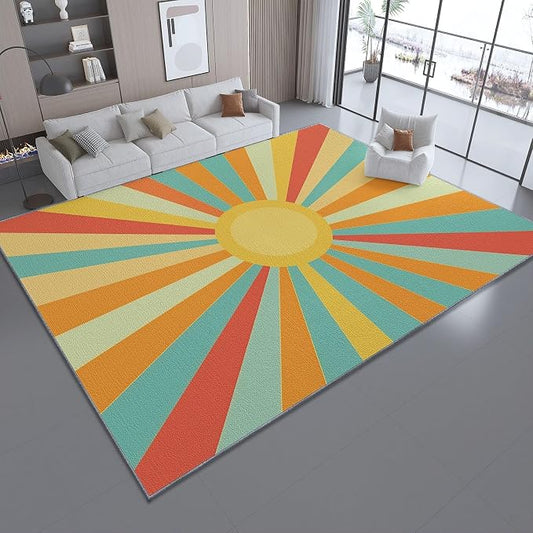 3x5 Washable Area Rug, Colorful Retro Sunburst Stripes Design Non Slip Non-Shedding Rug Easy Care for Living Room Bedroom Kitchen Office Carpet