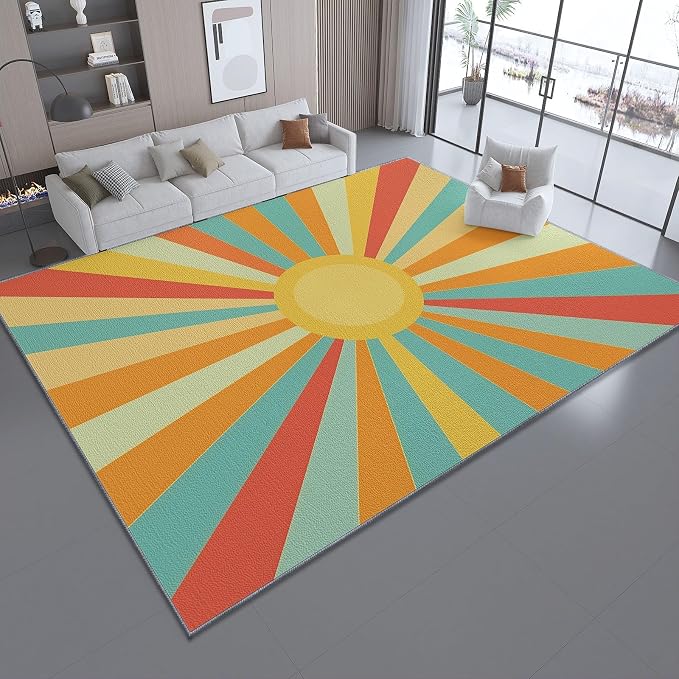 4x5 Washable Area Rug, Colorful Retro Sunburst Stripes Design Non Slip Non-Shedding Rug Easy Care for Living Room Bedroom Kitchen Office Carpet