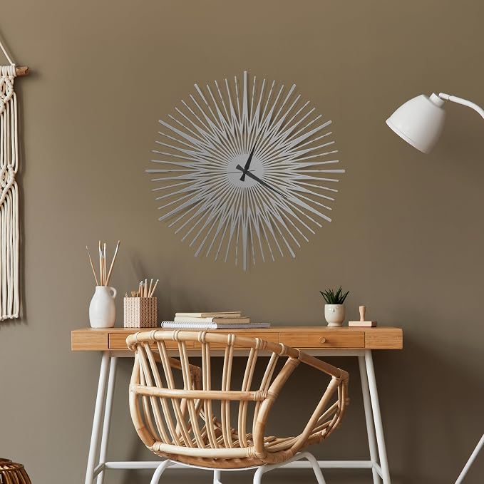 Sun Rays Wall Clock, Large Metal Decorative Wall Clock, Modern Minimalist Wall Decor (Silver, Small)