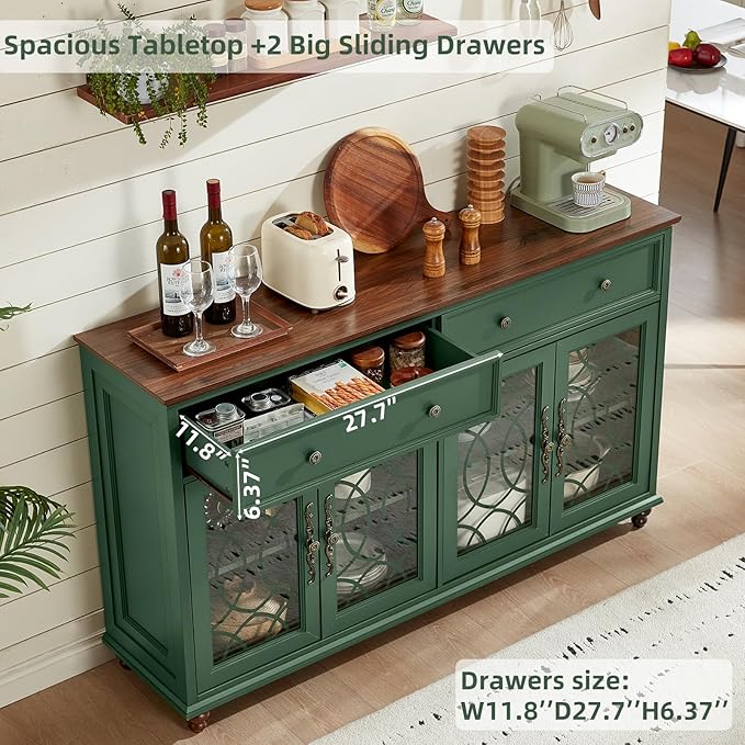 Farmhouse Sideboard Buffet Cabinet Set of 2 with Storage,59" Large Credenza with 4 Glass Door & 2 Drawers,Adjustable Shelves Console Table,Wood Kitchen Coffee Bar for Dining Room,Green