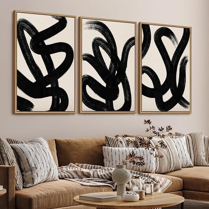 arteWOODS Framed Wall Art Canvas Set Abstract Lines Pictures Modern Mid Century Boho Wall Decor Minimalist Abstract Black Stroke Painting Artwork Living Room Bedroom Home Office 32" x 48" *3 Natural