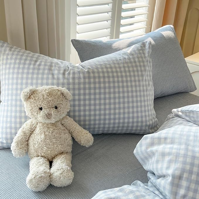 mixinni Light Blue Gingham Duvet Cover Set Full Size - 100% Washed Cotton 3 Piece Plaid Checkered Bedding Set, Soft Comfy Grid Farmhouse Comforter Cover with Zipper Closure & Corner Ties