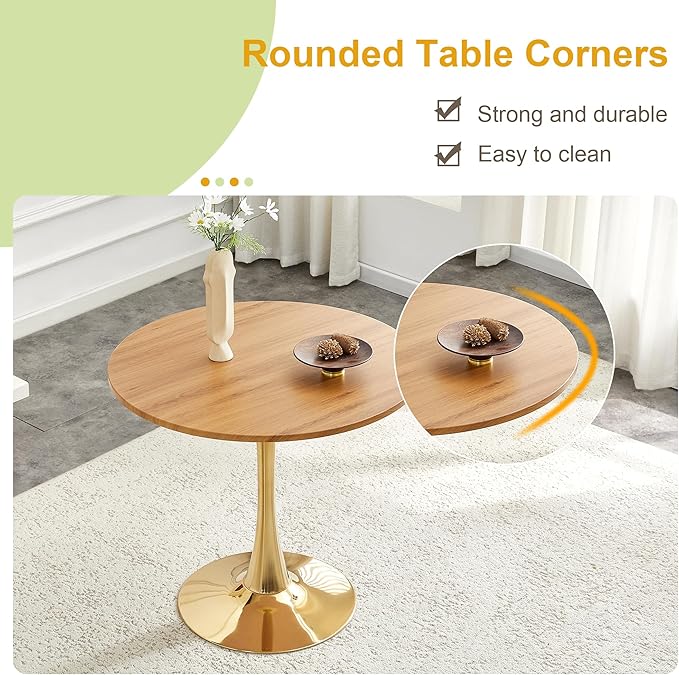 31.5 Inch Small Round Dining Table for 2-4 Person, Circle Tulip Table with Faux Wood MDF Top and Gold Metal Base,Mid Century Modern Bistro Table for Kitchen, Small Places,Living Room, Cafe