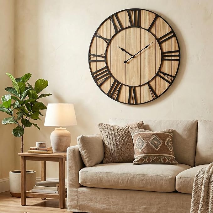 Large Farmhouse Wall Clock 24 Inch Vintage Brown Wooden Wall Clock with Quiet Ticking and Minimalist Roman Numerals for Bedroom Living Room Office Kitchen Home Decor, Battery Operated