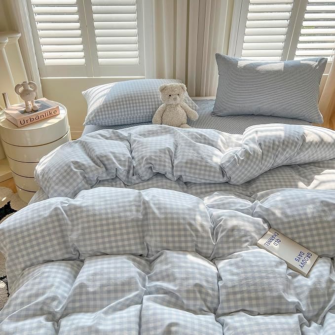 mixinni Light Blue Gingham Duvet Cover Set Full Size - 100% Washed Cotton 3 Piece Plaid Checkered Bedding Set, Soft Comfy Grid Farmhouse Comforter Cover with Zipper Closure & Corner Ties