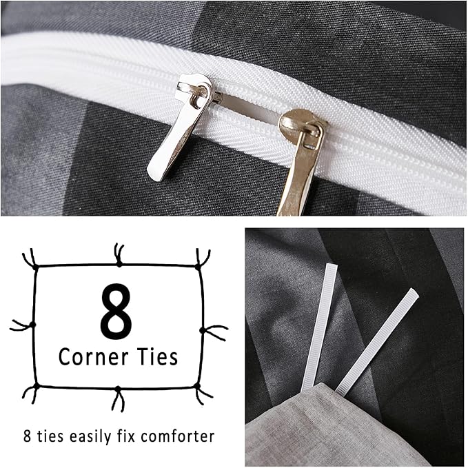 Merryword Black and Gray Striped Duvet Cover Set King Size - 100% Cotton Bedding Set with Zipper & Corner Ties, 3-Piece Luxury Linen Like Bedding Set for All Seasons