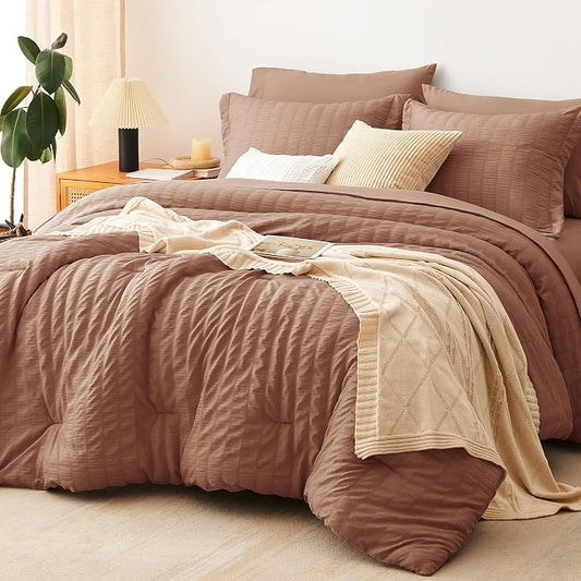CozyLux Full Size Comforter Sets Mocha Mousse, 7 Pieces Seersucker Textured Luxury Bed in a Bag, All Seasons Soft Bedding Sets with Down Alternative Comforter, Sheets, Pillowcases & Shams, Home Gift