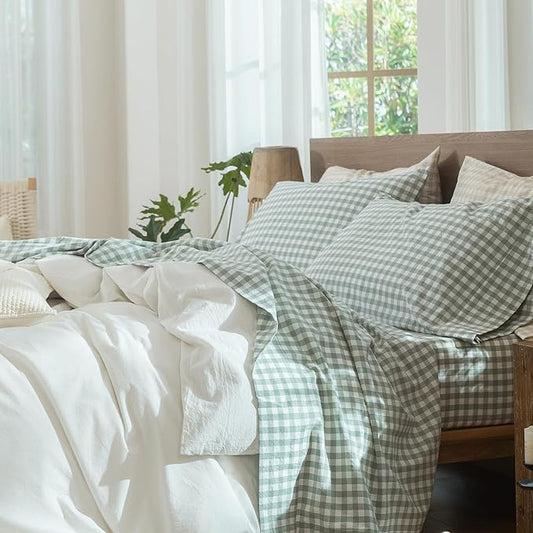 MooMee Gingham Sheet Set 100% Washed Cotton Linen Like Textured Breathable Soft w/ Fully Elasticized 16-19" Deep Pocket (Classic Gingham Sage Green, King)