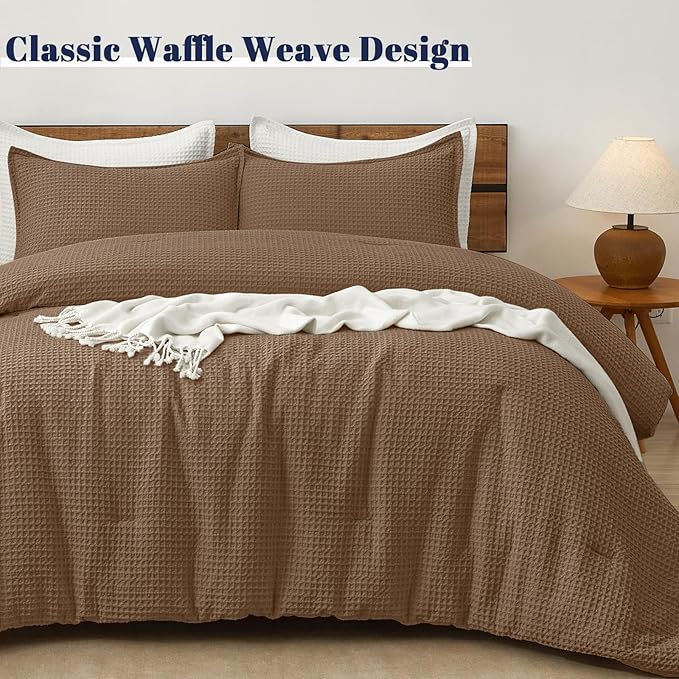 PHF Ultra Soft Waffle Weave Comforter Set Queen Size, 3 Pieces Lightweight Breathable Comfy Bedding Set, Comfy Textured 1 Comforter with 2 Pillow Shams, Mocha