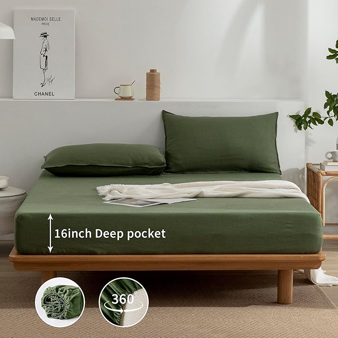 EVERLY Linen Sheets Set Full Size,100% French Stonewash Pure Linen Sheets Set,4Pieces (1Flat Sheet,1Fitted Sheet,2Pillowcase) Suitable for Hot Sleepers,Deep Pocket Natural Bedding Set-Mossy Green
