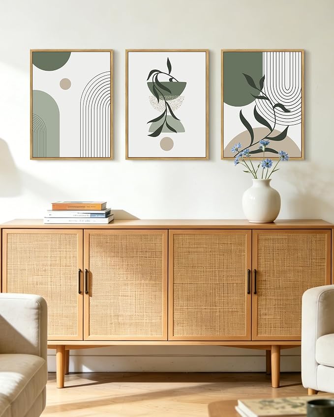 KUVIOKE Boho Wall Art Framed Botanical Modern Wall Printing Green Neutral Abstract Geometric Prints Bohemain Sage Decor for Farmhouse Living Dining Room 12x16in (Natural Framed)